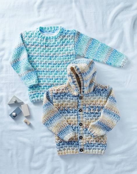 Sirdar 2503 uses Supersoft Aran Rainbow Drops yarn. Sweater and Hooded Cardigan Sizes 2 to 13 years. Uses #4 weight yarn. 